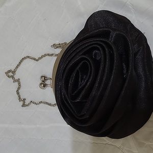 (3558) Black Mini Bag,Evening,  Large Rose on front silver color chain,